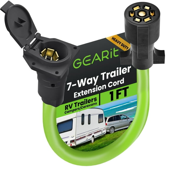 GEARit 7-Way Trailer Extension Cord (1 Foot) 7-Pin Trailer Plug Inline Cord Wire Harness Cable Double Prongs Connector for Gooseneck Hitch, Truck, Camper, RV - 1ft feet