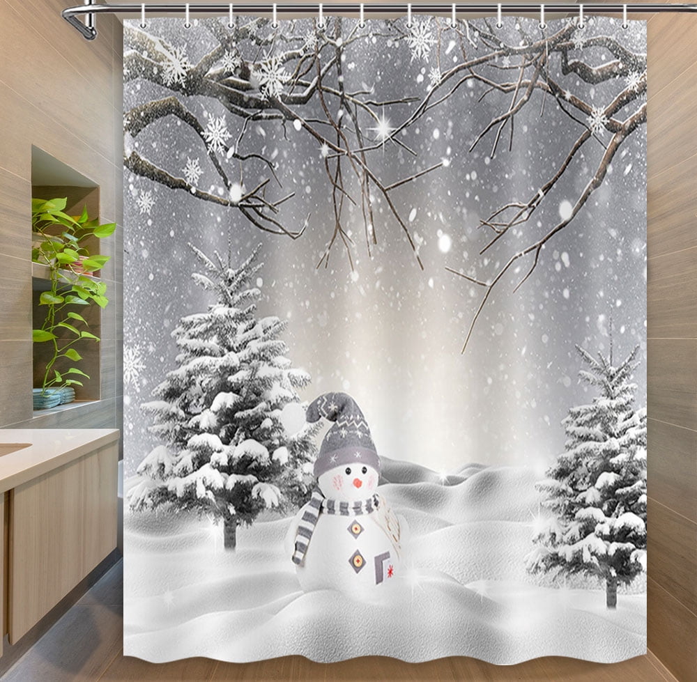 Christmas Grey Shower Curtains Winter Snowman Snowflake Snow Forest Trees Decor Fabric Bathroom Curtains Set With Hooks 69 X 70 Inches
