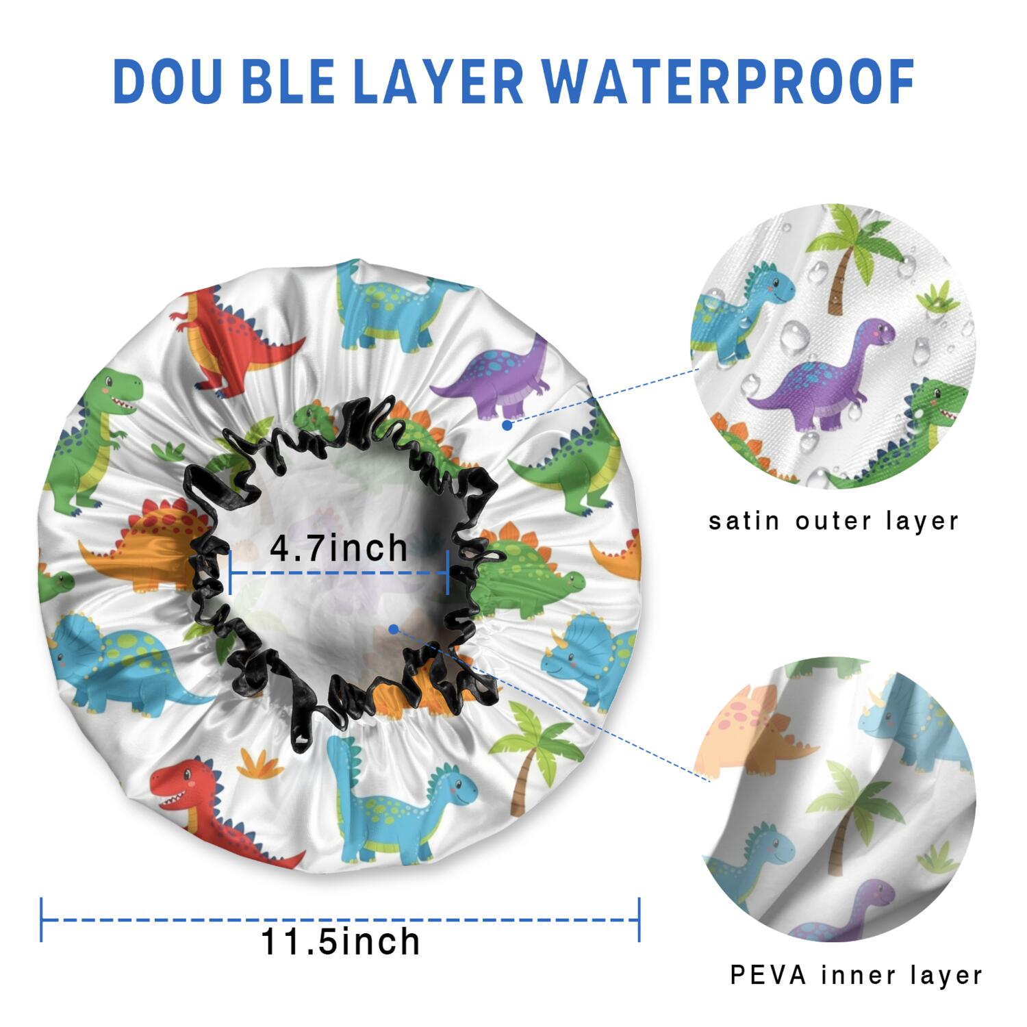 Shower Caps,White Dinosaurs Colorful Species Palms Pattern Waterproof Shower Cap for Women 4 Pieces,Double Reusable Hair Cover for Shower PEVA Elastic Stretch Hem