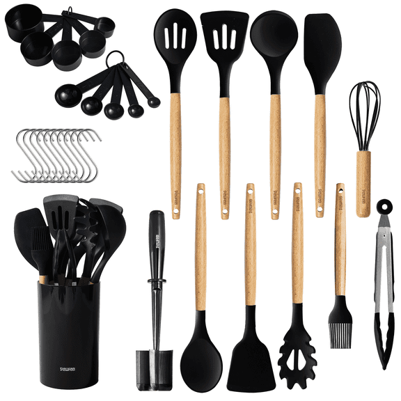 Slowfeel 32-Piece Silicone Kitchen Utensil Set with Wood Handles, Non-Scratch & Heat Resistant for Nonstick Cookware, Includes Holder, Black