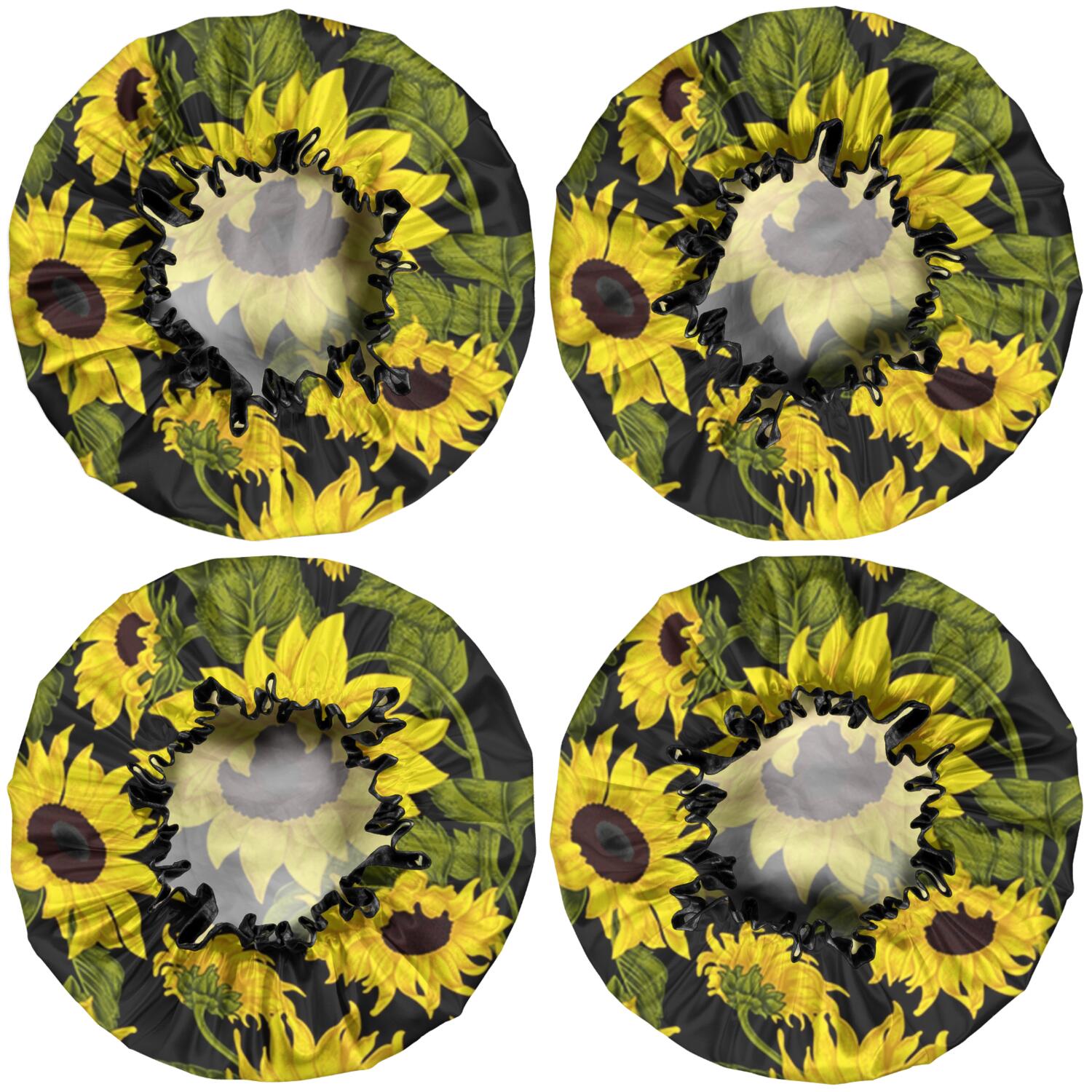 Shower Caps,Black Green Stem Sunflower Pattern Waterproof Shower Cap for Women 4 Pieces,Double Reusable Hair Cover for Shower PEVA Elastic Stretch Hem