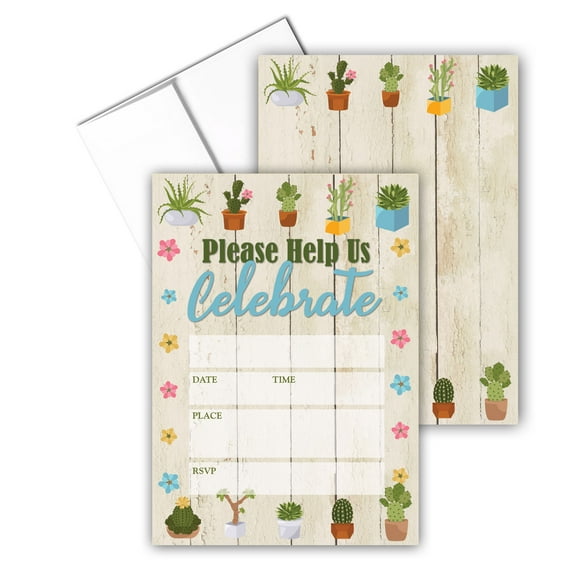 Cute Cactus and Flower Invitations With Envelopes - 25 Invitations - B15230
