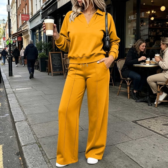 Mifsaly Travel Outfits for Women 2 Piece Sets Collared V Neck Long Sleeve Sweatshirt and High Waisted Wide Leg Sweatpants with Pockets Yellow,XXXL