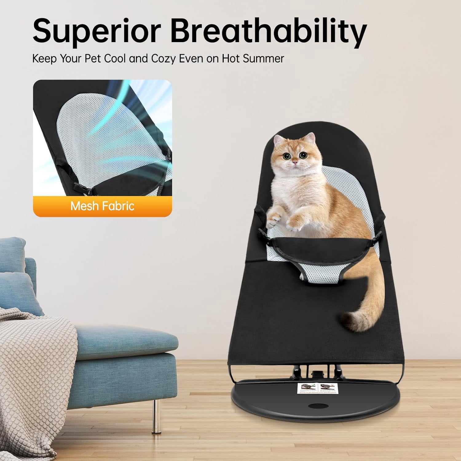 Cat Dog Rocking Chair, Portable Foldable Breathable Pet Bed with 3-Level Adjustable Height, No Installation Required, Easy to Clean for Small Dogs Cats Up to 33lbs