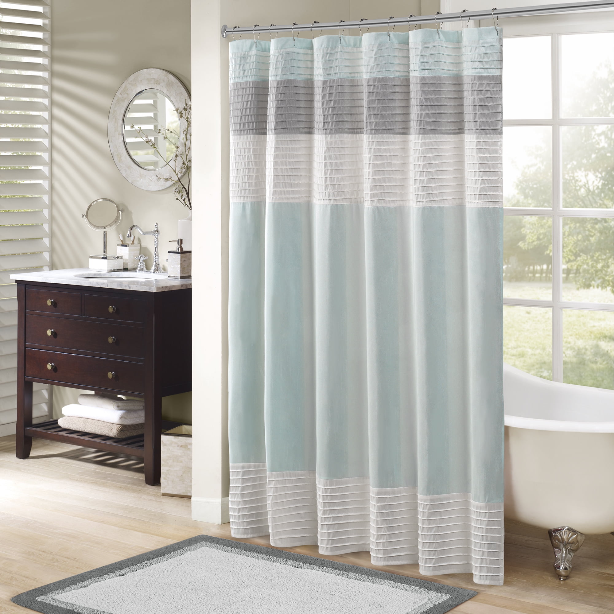 Polyester Faux Silk Shower Curtain Gray/Aqua: Madison Park, Buttonhole Top, Machine Washable, TESTEX Certified