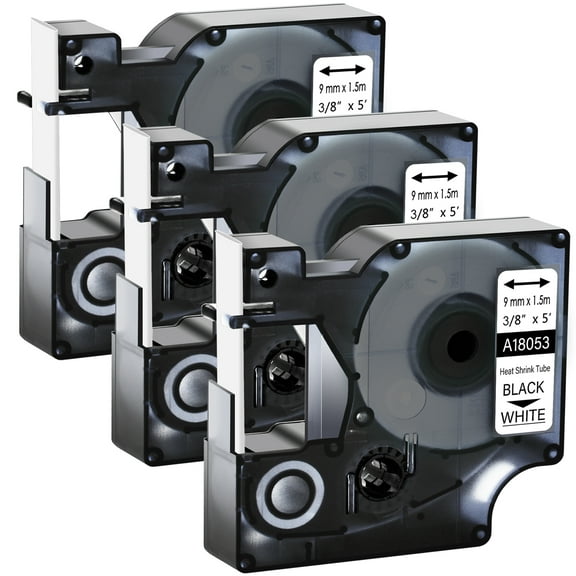 GREENCYCLE 3PK Industrial Rhino Heat Shrink Tubes Compatible for DYMO 18053 9mm 3/8" Black on White Cable Label Tape