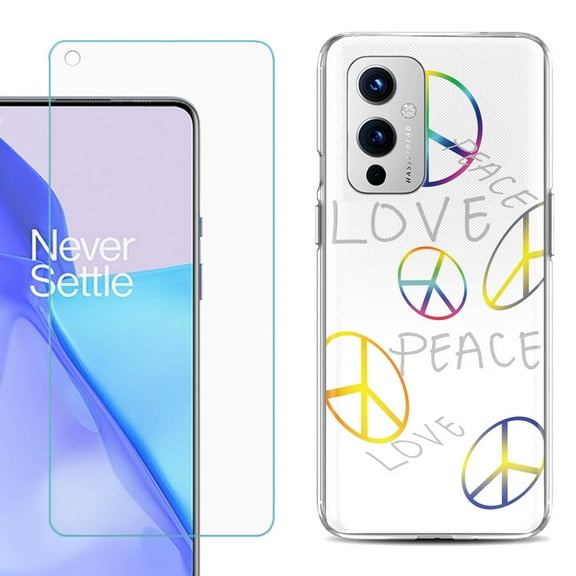 Slim-Fit TPU Phone Case Compatible with OnePlus 9 5G, with Tempered Glass Screen Protector, by OneToughShield ® - Love/Peace
