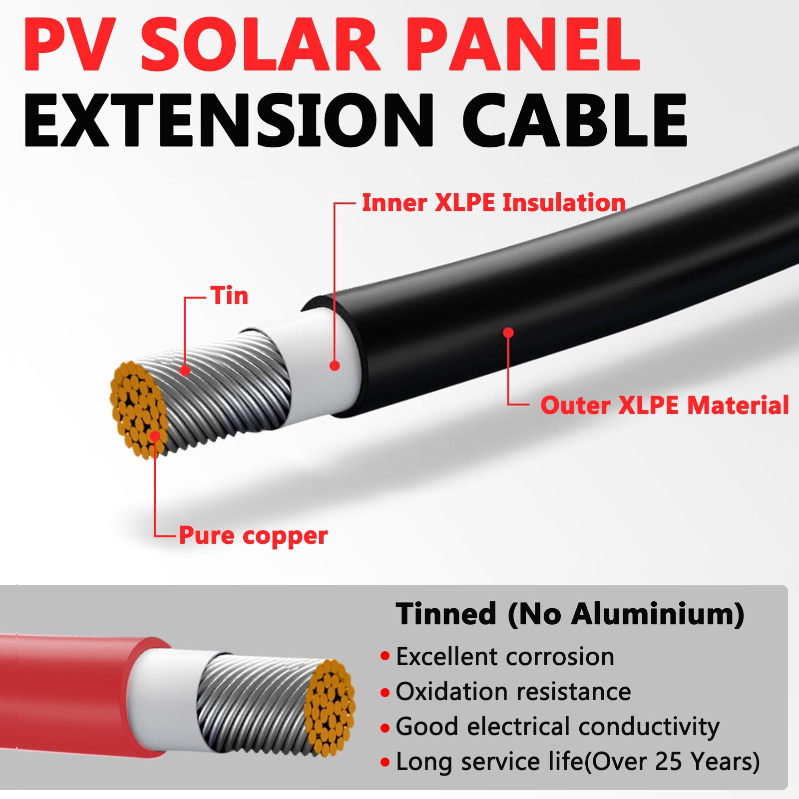 Solar Panel Extension Cable 30FT 10AWG, 6mm² Solar Extension Cable Wire with Female Male Waterproof Connectors for RV, Photovoltaic Systems