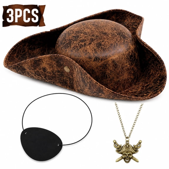 Pirate Hat Costome Accessories Halloween Captain Pirate Tricorn Hat With Eye Patch Necklaces For Men Women Design 1