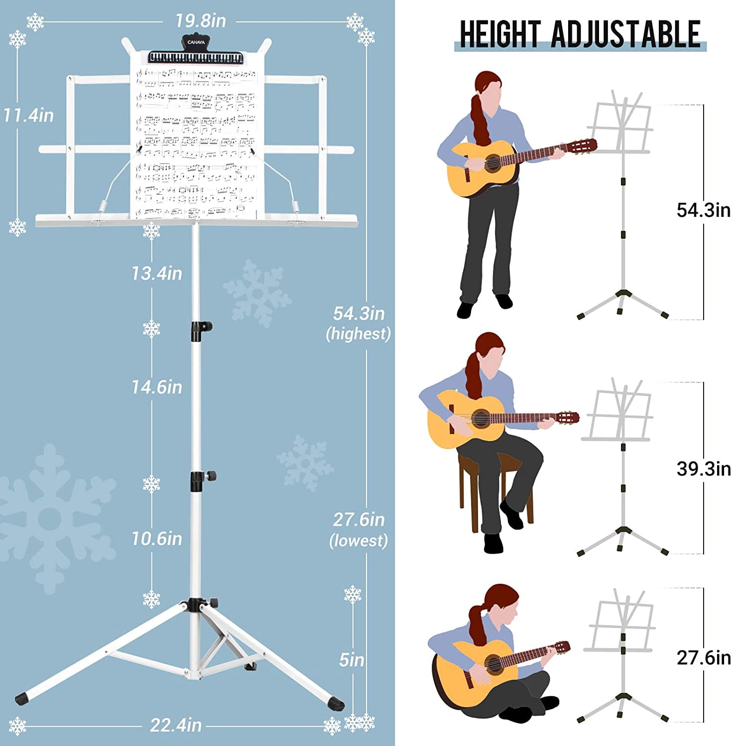 CAHAYA Portable Sheet Music Stand: Dual Use Desktop Book Holder Folding Lightweight Extra Stable Reinforced with Carrying Bag and Clip for Students Musicians Height Adjustable up to 54.3" CMS0204W