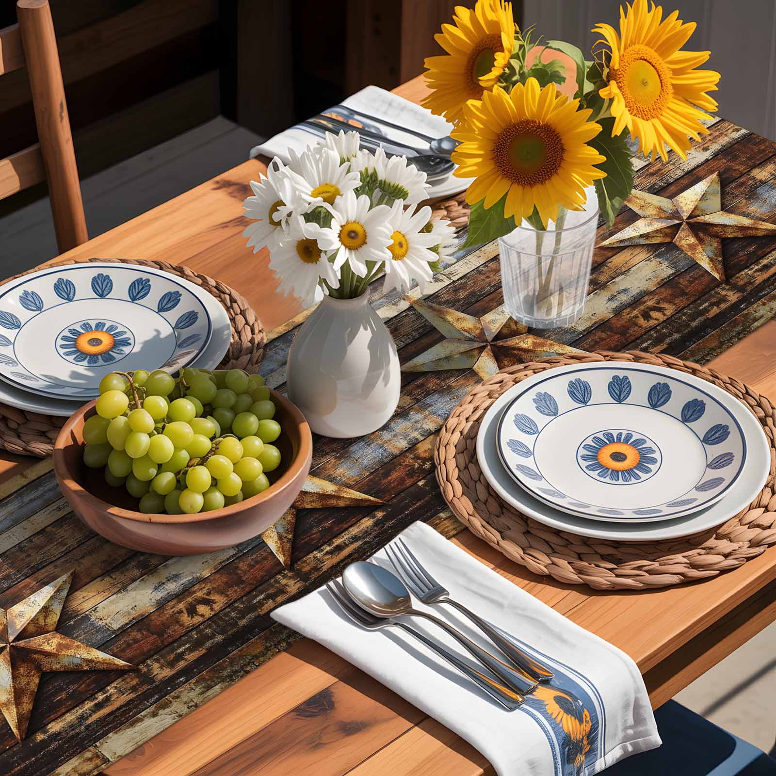 Vintage Texas Star Wood Grain Table Runner 90 Inches Long, Farmhouse Barn Board Table Runners Tabletop Scarf Kitchen Dining Tables Decoration for Home Party Indoor Outdoor