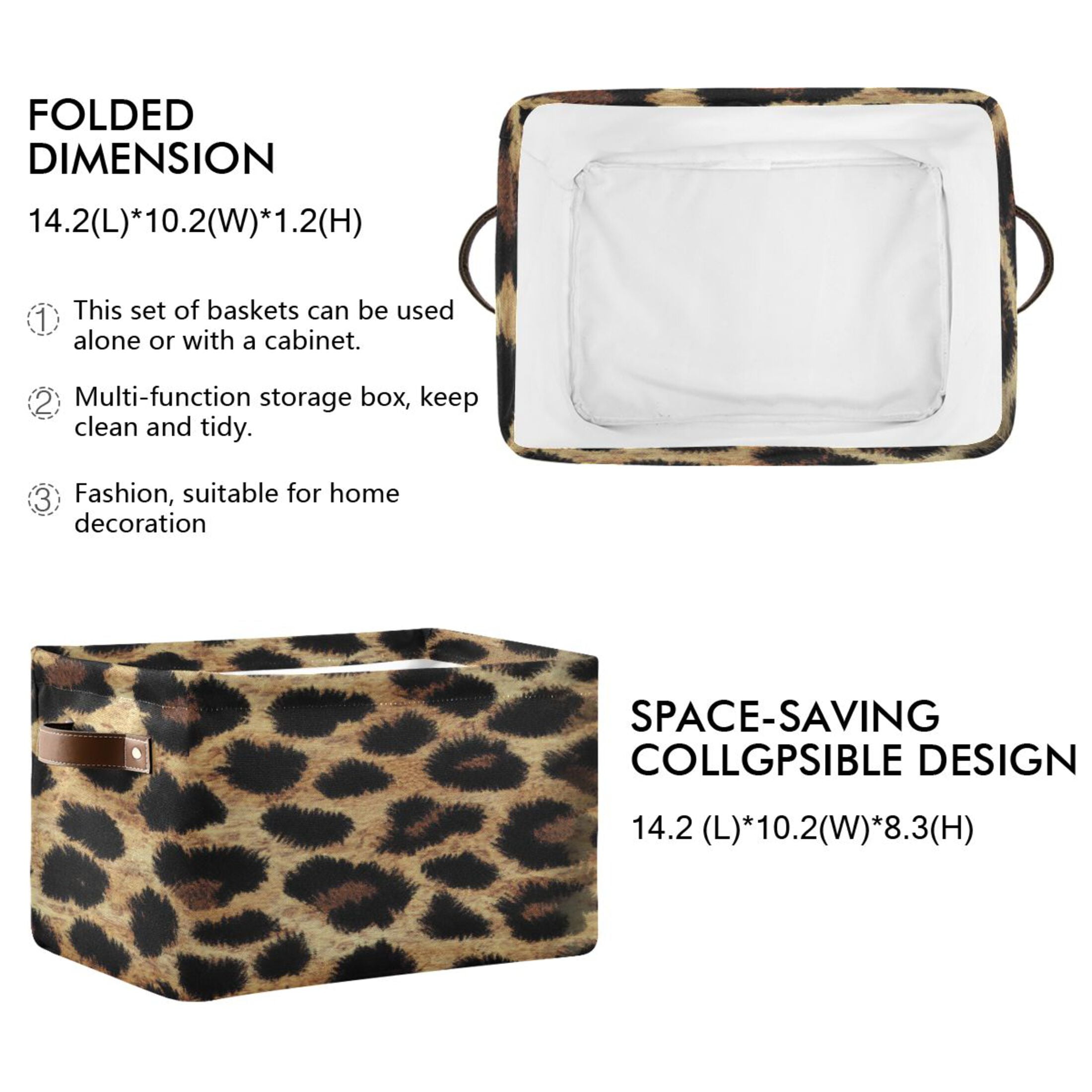 Leopard Print Fabric Texture Foldable Storage Basket,Canvas Fabric Foldable Storage Bins with Handles Open Home Storage Bins Boxes for Toy Book Shelf Closet Baskets