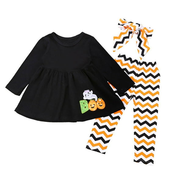 Mercatoo 3Pcs Toddler Baby Girls Kids Halloween Clothes Set Prints Long Sleeves Pullover Shirt Tops   Striped Long Pants