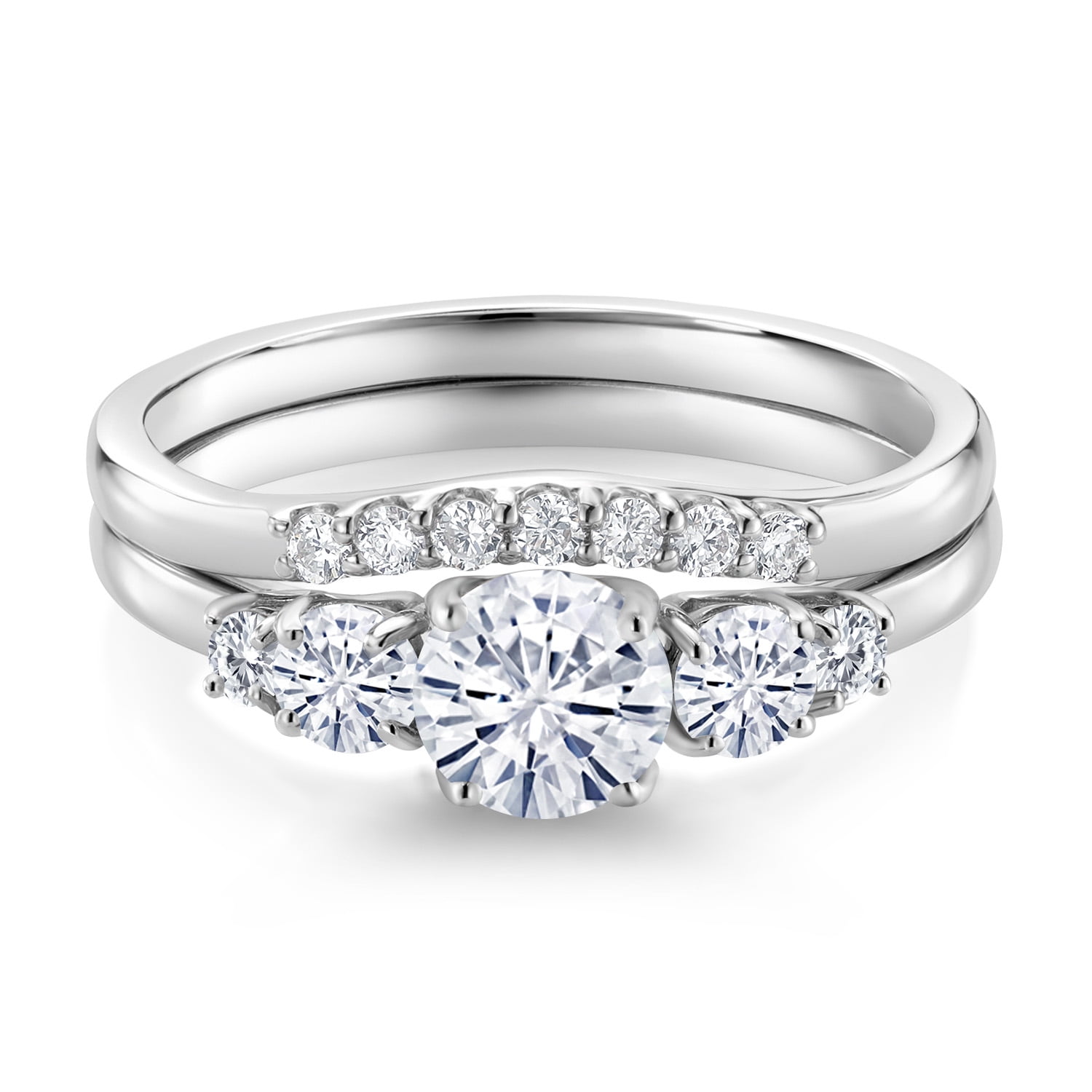Gem Stone King 10K White Gold White Moissanite and White Lab Grown Diamond 5 Stone Bridal Engagement Wedding Ring Set for Women (0.81 Cttw, Round: 5MM and 3MM, Size 7)