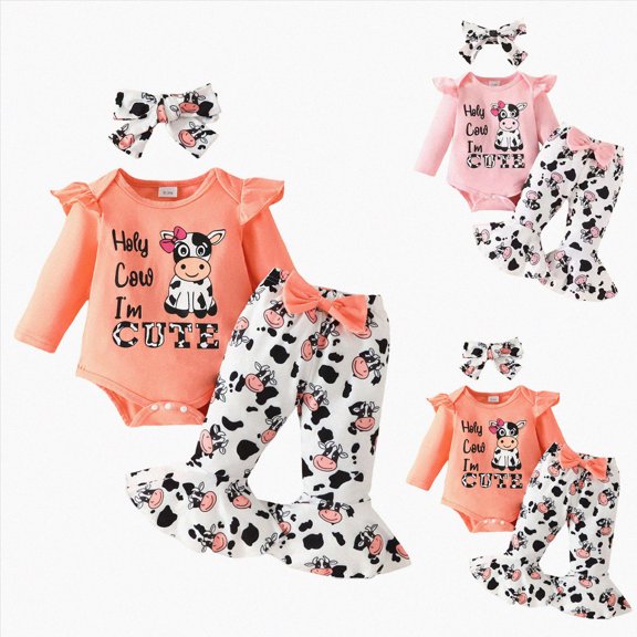 Takafot Infant Baby Toddler Girls Autumn Outfits Solid Color Ribbed Fly Sleeve Round Neck Romper Cow Flare Pants Clothes Set Cute Baby Girl Clothing(Orange,3-6 Months)