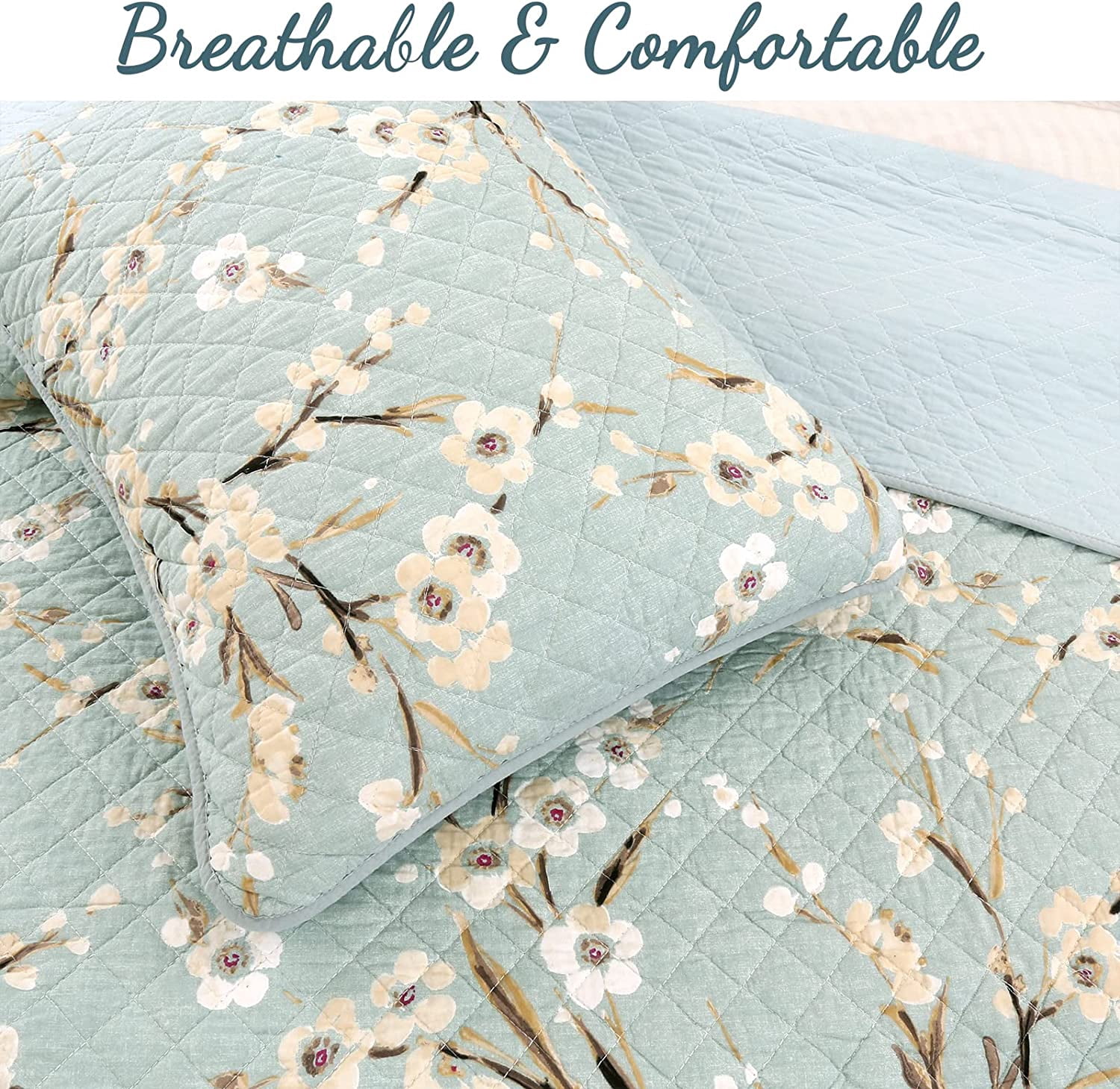 Cozy Line Home Fashions Sky Blue Floral Cotton Quilt, King - Reversible