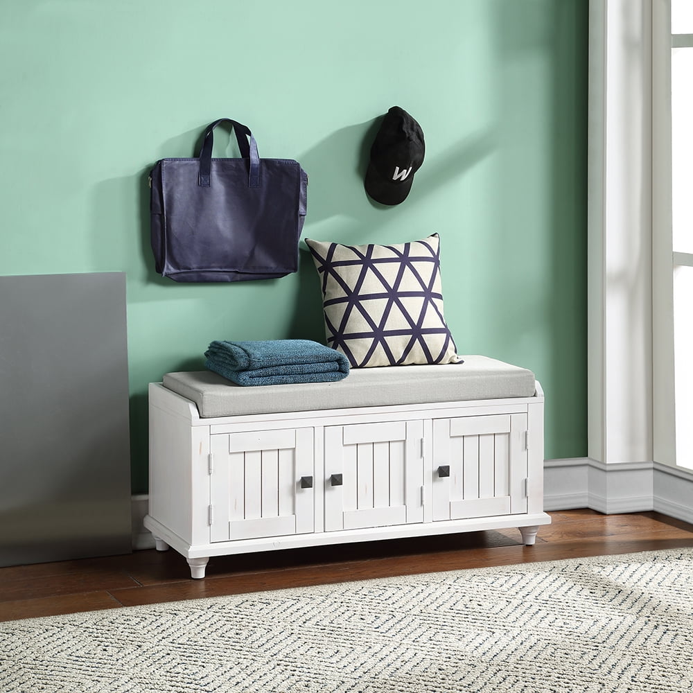 Lowestbest Rustic Shoe Bench, Wood Storage Bench with 2 Cabinets, Removable Cushion for Living Room, Entryway (White) Lowestbest Rustic Shoe Bench, Wood Storage Bench with 2 Cabinets, Removable Cushion for Living Room, Entryway (White)