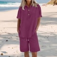 thumbnail image 6 of Womens Summer Outfits Cotton Linen Short Sleeve Button Down Shirt with Bermuda Shorts 2 Piece Lounge Set with Pockets Purple 2XL, 6 of 6