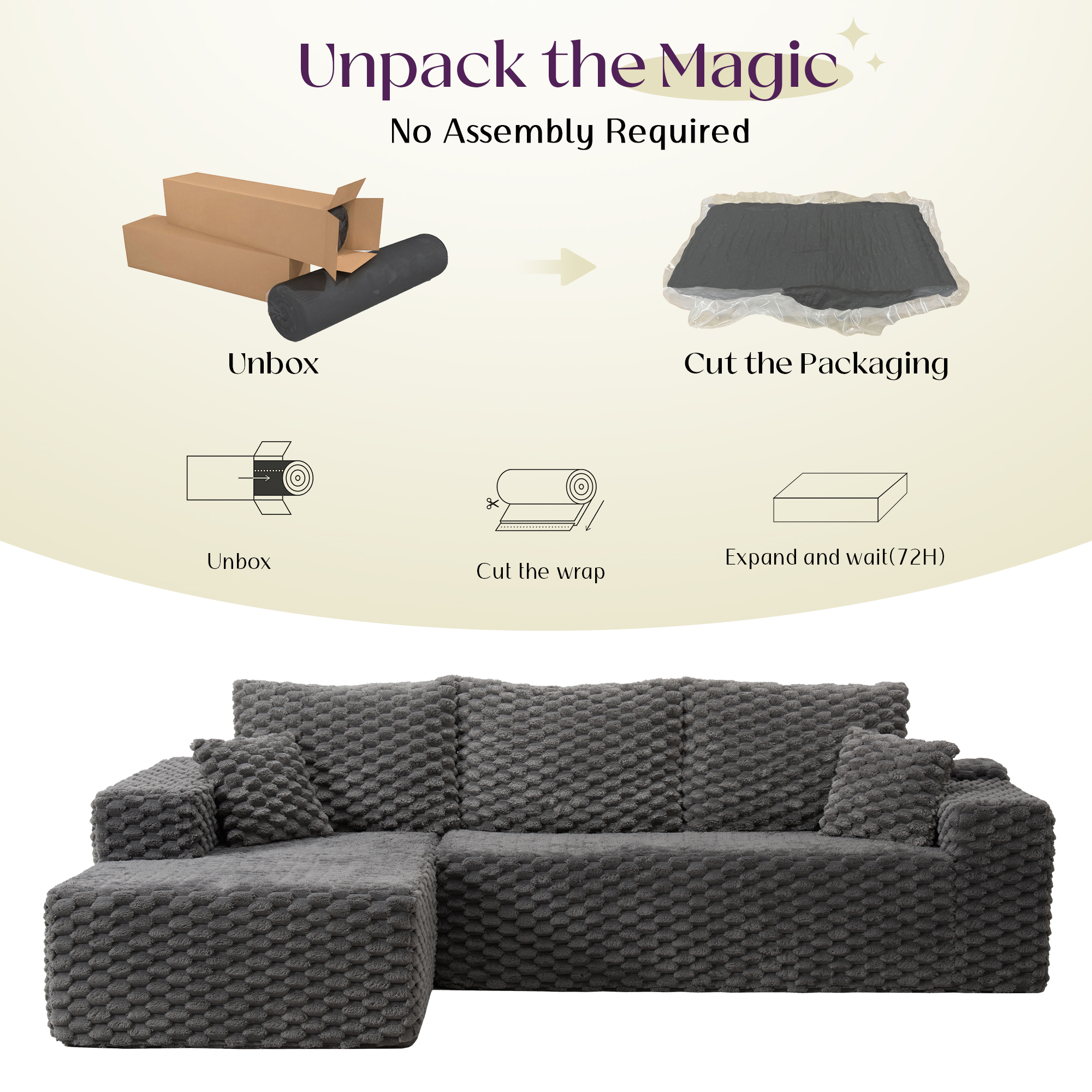 VANACC 106" Sectional Sofa, Morden Deep Seat Oversized Couch with Plush Pillows, Pet-Friendly Upholstery, No Assembly Required, Grey