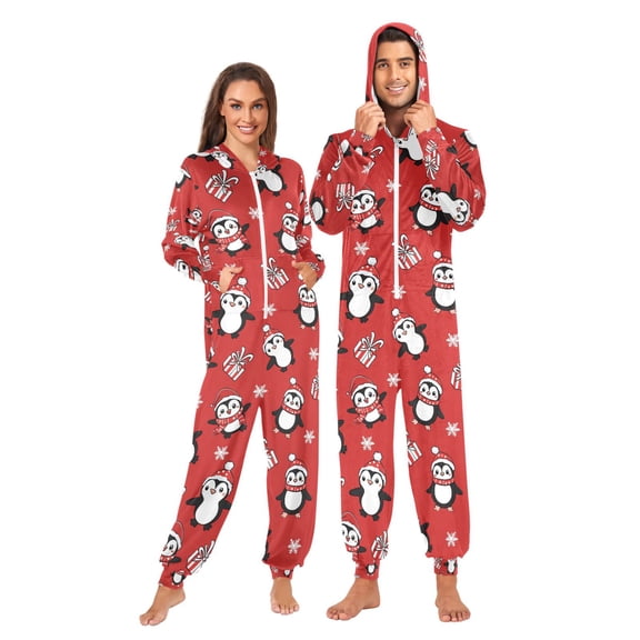 Adult Christmas Onesie Penguin Christmas Zipper One-Piece Pajamas Unisex with Pockets