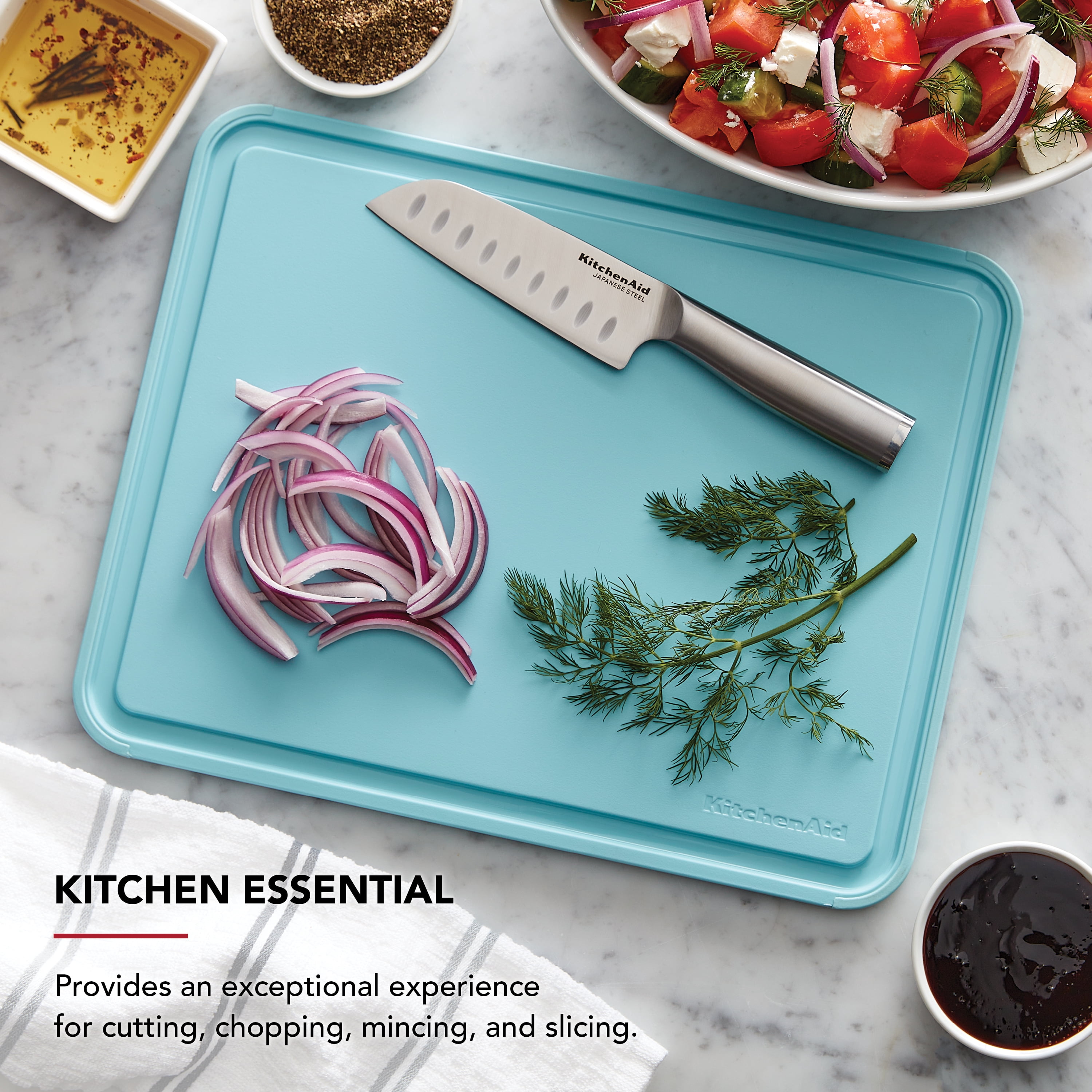 KitchenAid Classic Plastic Cutting Board with Trench, Non-Slip Edges, Dishwasher Safe, 11x14, Mineral Water