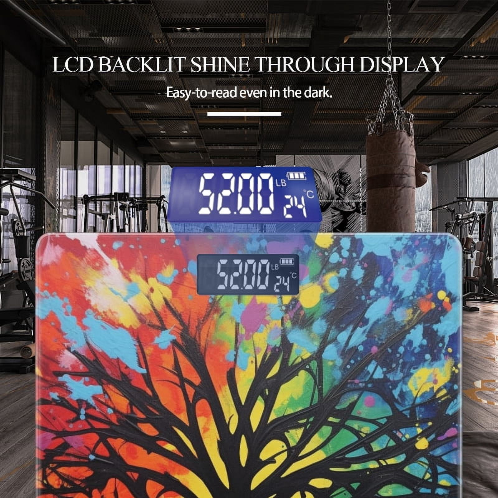 Bathroom Scale, Highly Accurate Digital Body Scale,Precisely Measures Weight up to 400 lbs-Black Tree Silhouette Against Vibrant Rainbow Background