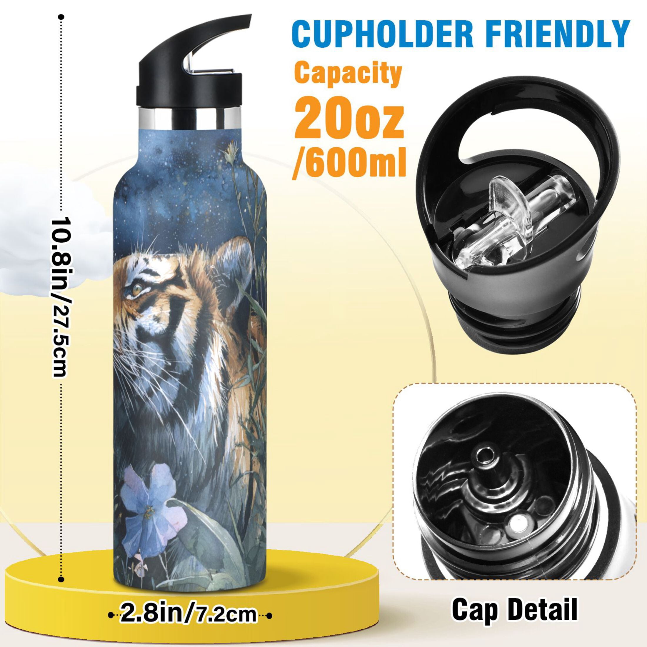 600ML Stainless Steel Insulated Cup Sports Water Bottle Portable Thermos Cup Water Glasses Insulated Tumblers Convenient and Durable The Tiger at Night