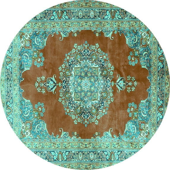 Ahgly Company Machine Washable Indoor Round Medallion Turquoise Blue Traditional Area Rugs, 3' Round