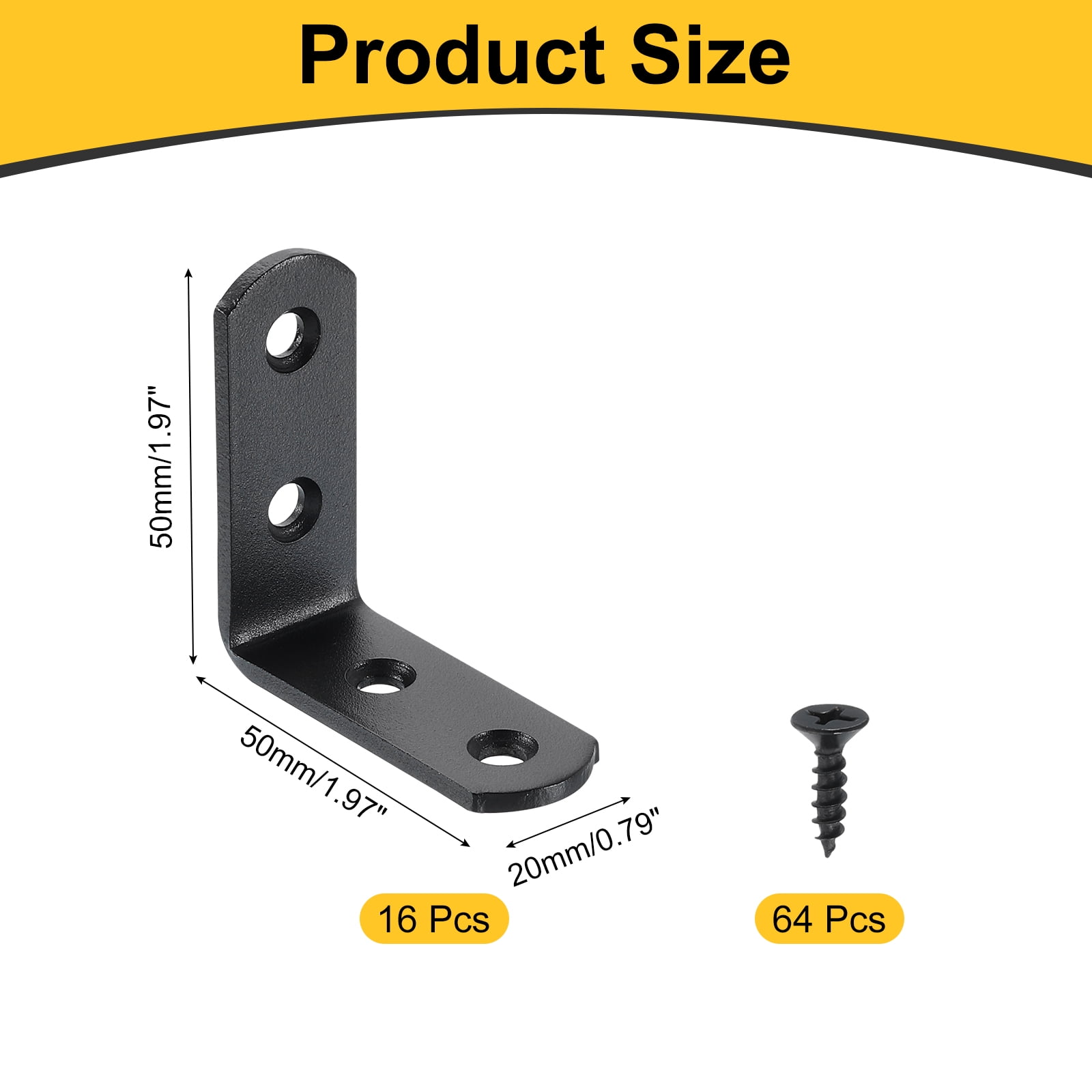 16Pcs L-Shaped Brackets Corner Brace, 1.97"x1.97"x0.79" Corner Bracket Shelf Bracket Right Angle Brackets for Wood Shelves Furniture (50x50x20mm, Black)