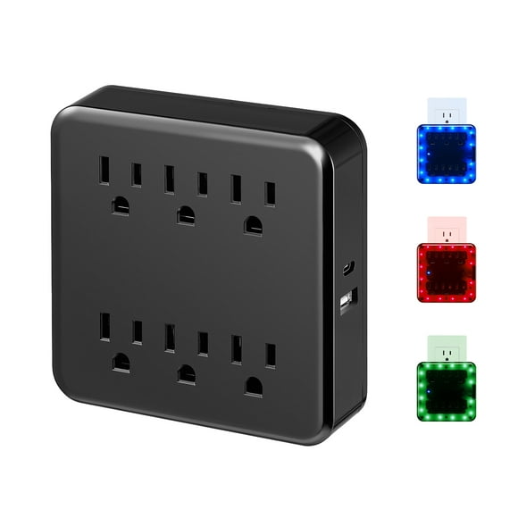 Multiprise murale 6 prises Globe Electric, DEL couleurs changeantes, USB-A/USB-C, prises mises à la terre, 900 J, non connectée