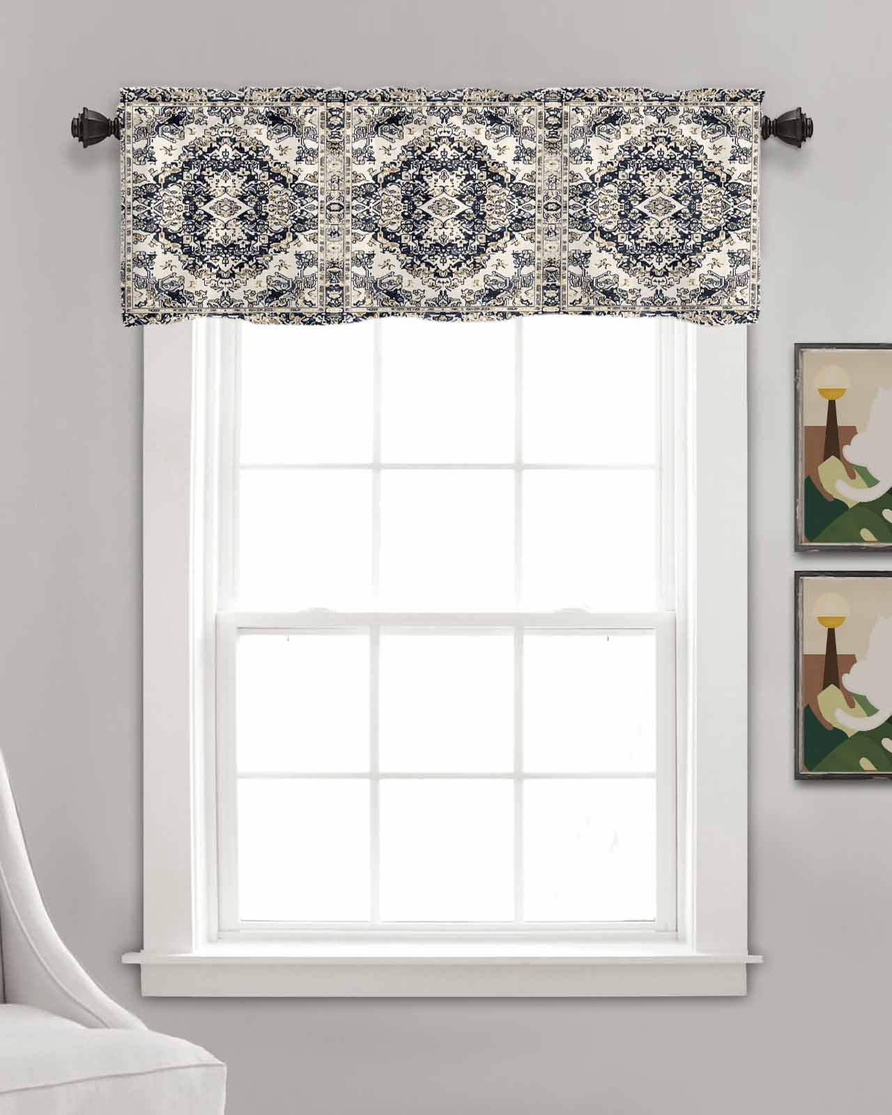 Black White Boho Kitchen Valances for Windows Farmhouse Linen Window Valance Curtain for Living Room Window Treatment Vintage Ethnic Tribe Abstract Art Valance Rod Pocket Topper Drape, 42 x 18 Inch