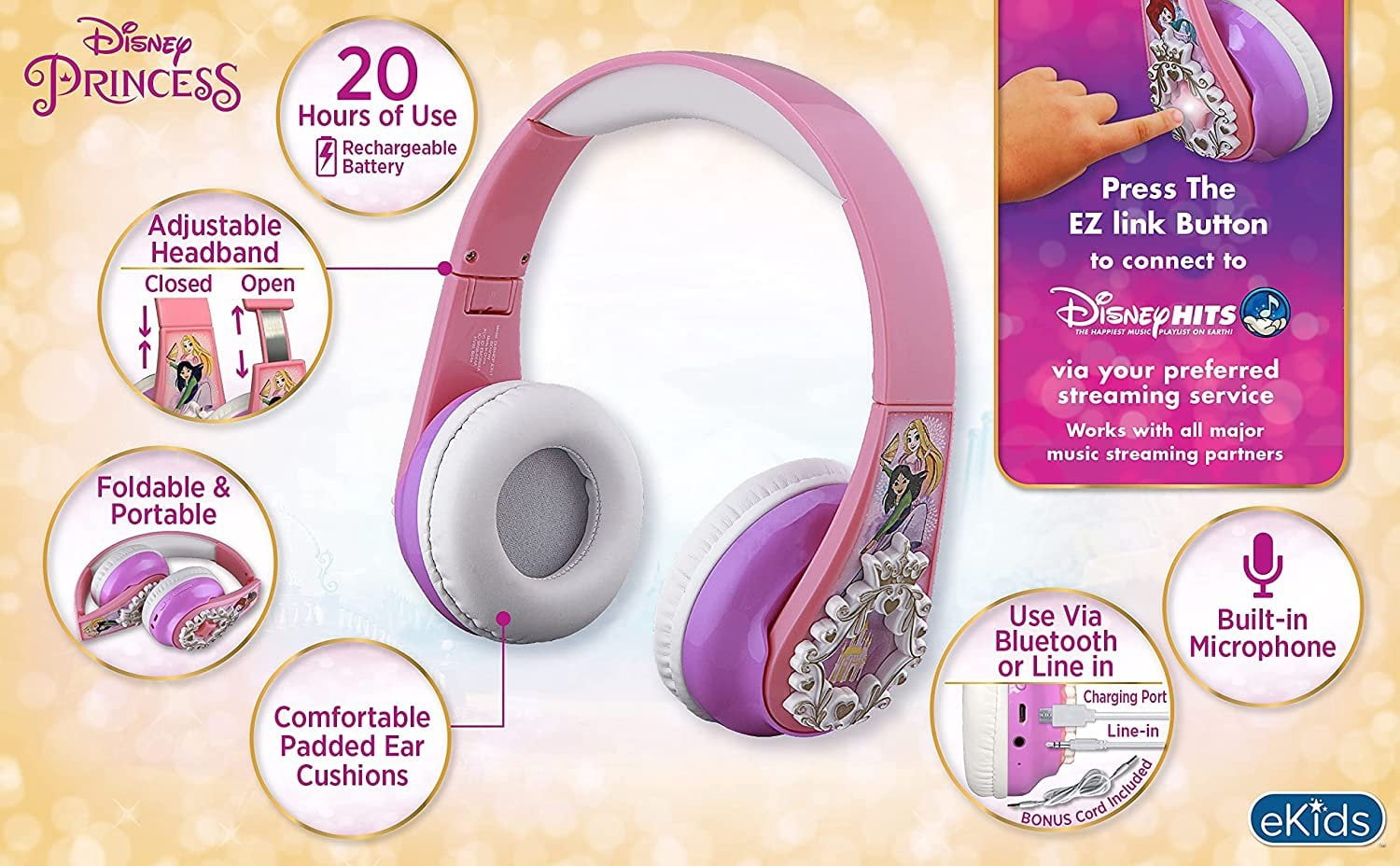 eKids Disney Princess Bluetooth Headphones with EZ Link, Microphone and Aux Cord