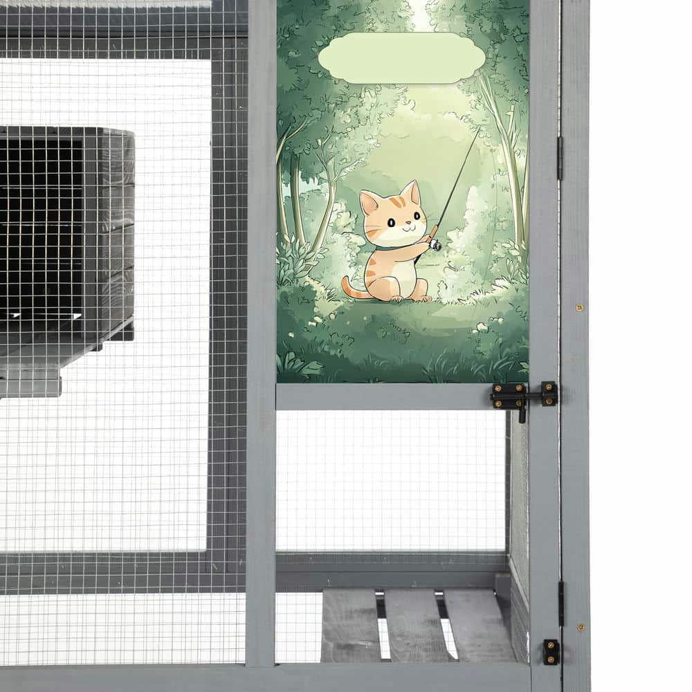 Yardi Yarda 70-Inch Cat Window Catio House, Outdoor Wood Cat Enclosure with Resting Condo and Lockable Doors, Sunshine Roof, Gray