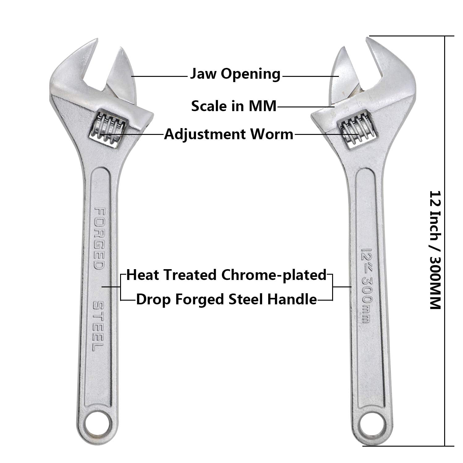 MKEUDQ-10 Inch Silver Adjustable Wrench, 30mm Wide Jaw Opening, Drop Forged Steel Heat Treated Chrome-plated, Professional Garage DIY Classic Proto Tools