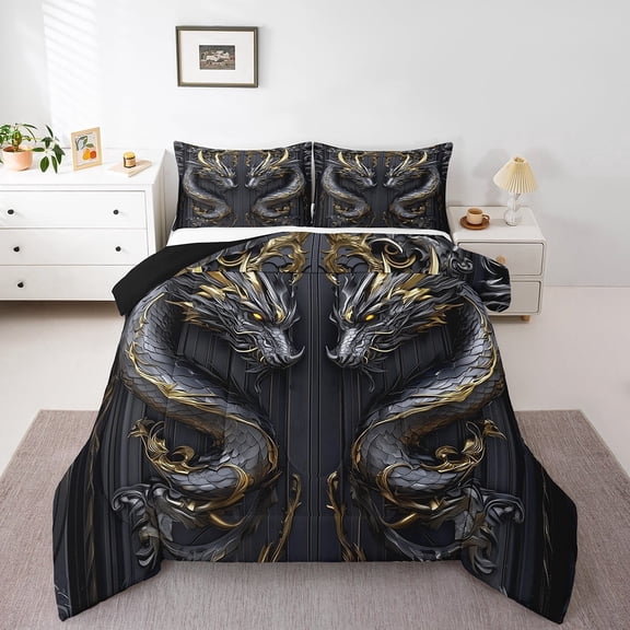 Erosebridal Magical Wildlife Bedding King Comforter Set,Animal Dragon Bedding Sets King with Comforter,Oriental Decor,Reversible,Super Cozy,3-Piece