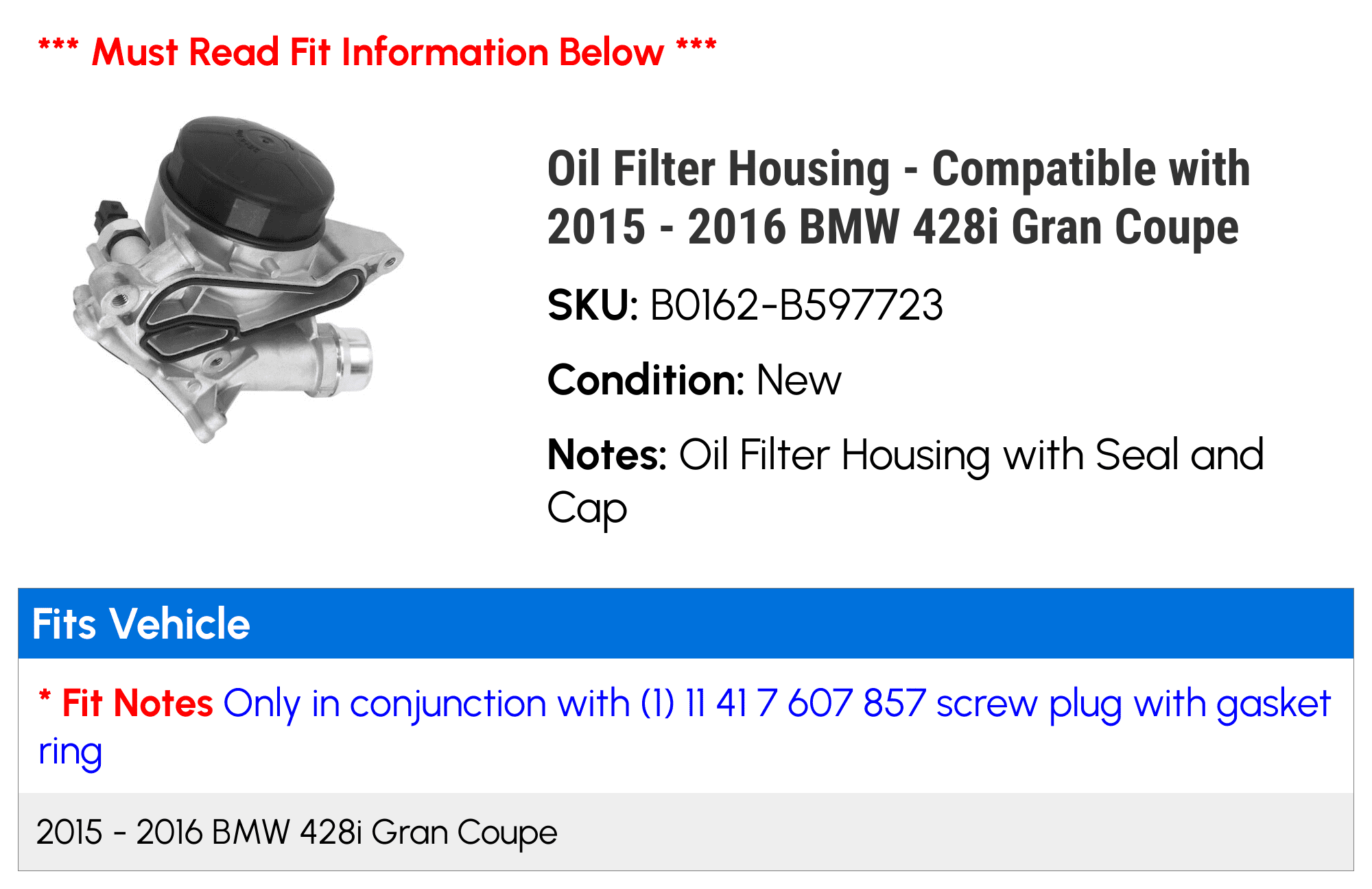 Oil Filter Housing - Compatible with 2015 - 2016 BMW 428i Gran Coupe - Replacement