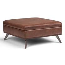 Owen 40 inch Wide Mid-Century Modern XL Square Coffee Table Storage Ottoman in Distressed Saddle Brown Vegan Leather