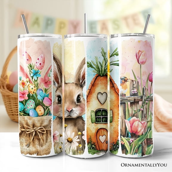 Easter Bunny Floral Brushstroke 20oz Tumbler With Lid and Stainless Steel Straw, Spring Pastel Coquette Travel Mug Gift