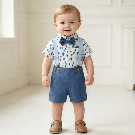 Spazoro Baby Boy 2 Piece Outfit Bodysuit Suspender Shorts Set, Heart Short Sleeve Button Down Bow Tie Formal Suit Infant Birthday Party Blue Size 3-6 Months