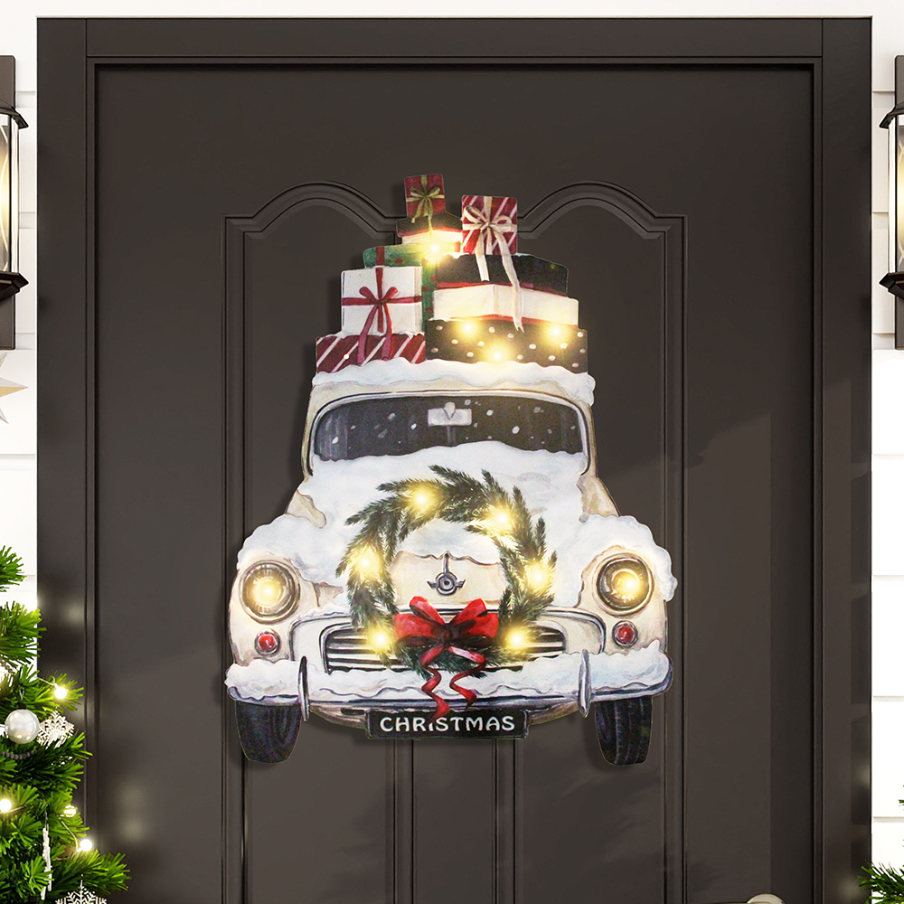 26 Inch Iron Pre-Lit Christmas White Truck w Gifts Sign