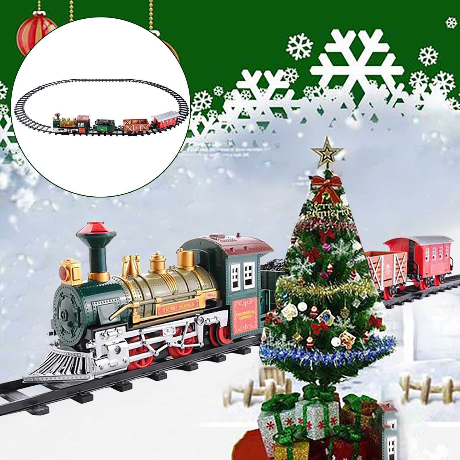 CHRISTMAS TOY TRAIN 32 Pieces  ENGINE SET TRACK STATION & TREES ROUND XMAS TREE 