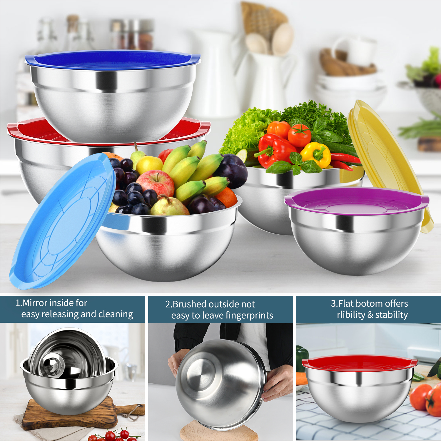TINANA Mixing Bowls with Lids: Stainless Steel Mixing Bowls Set - 7PCS Metal Nesting Mixing Bowls for Kitchen, Size 7, 4.5, 3, 2, 1.5, 1, 0.7 QT, Great for Prep, Baking, Serving-Multi-Color - image 5 of 7