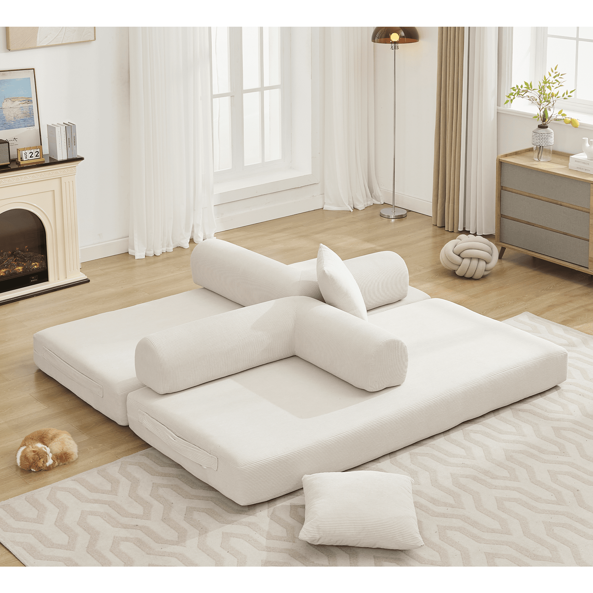 Muumblus 78" Corduroy Loveseat Cloud Sofa , Queen Size Convertible Slpper Couch Bed for Living Room, Beige