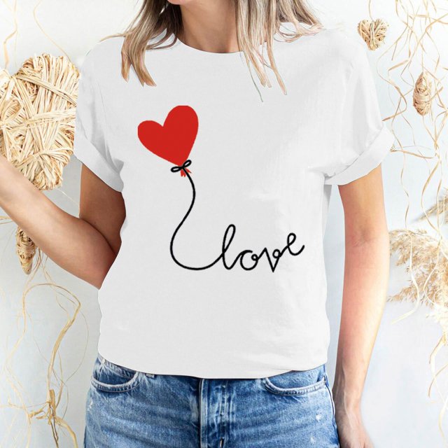 Meichang Hauts pour Femmes T-Shirts de la Saint-Valentin T-Shirts de Fête à Col Rond T-Shirts à Imprimé Cœur d'Amour T-Shirts à Manches Courtes Jolis Tees Blouses en Liquidation