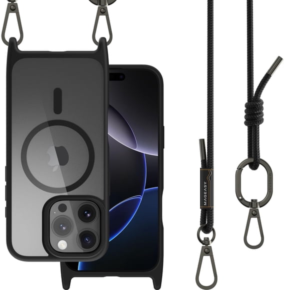 Funda MAGEASY para iPhone 16 Pro 6.3 con correa cruzada negra