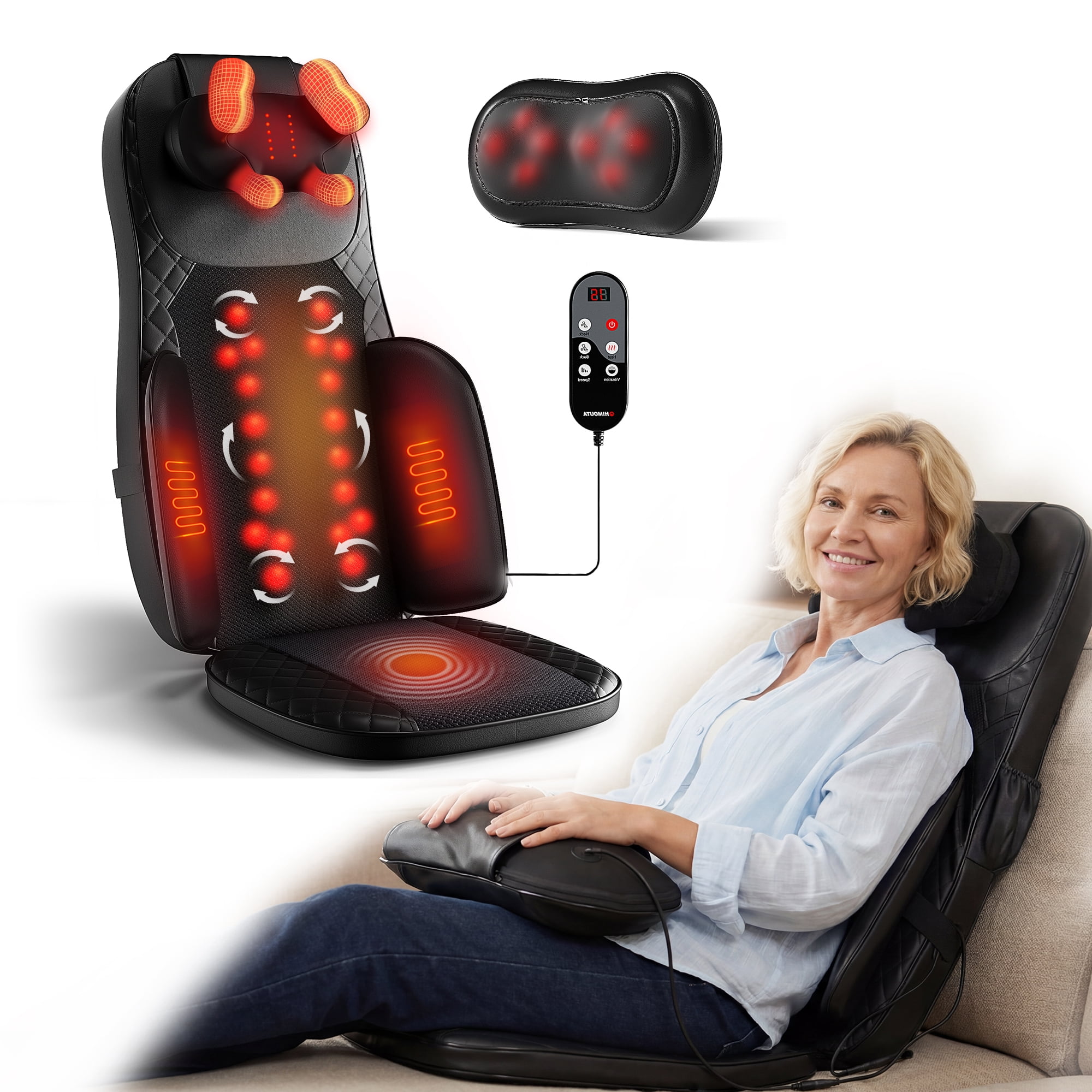 Himouta Massage Chair Pad, 3-in-1 Shiatsu Neck Back Massager Cushion with Heat for Office Home, Father's Day Gifts - Black