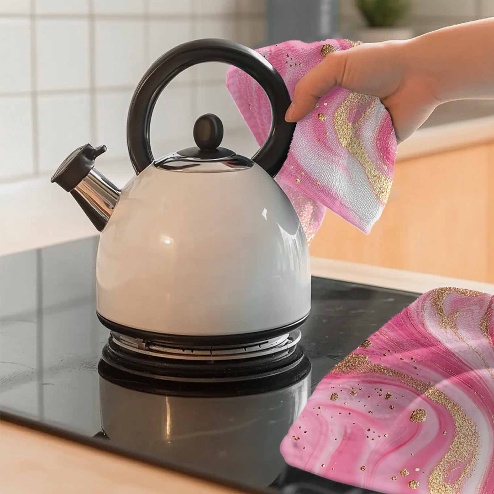 Marble Pink Kitchen Towel Dish Cloths Set of 2, Microfiber Soft Kitchen Hand Towels, Modern Abstract Artwork Luxury Golden Absorbent Quick Drying Dishcloths 18 x 28 Inches