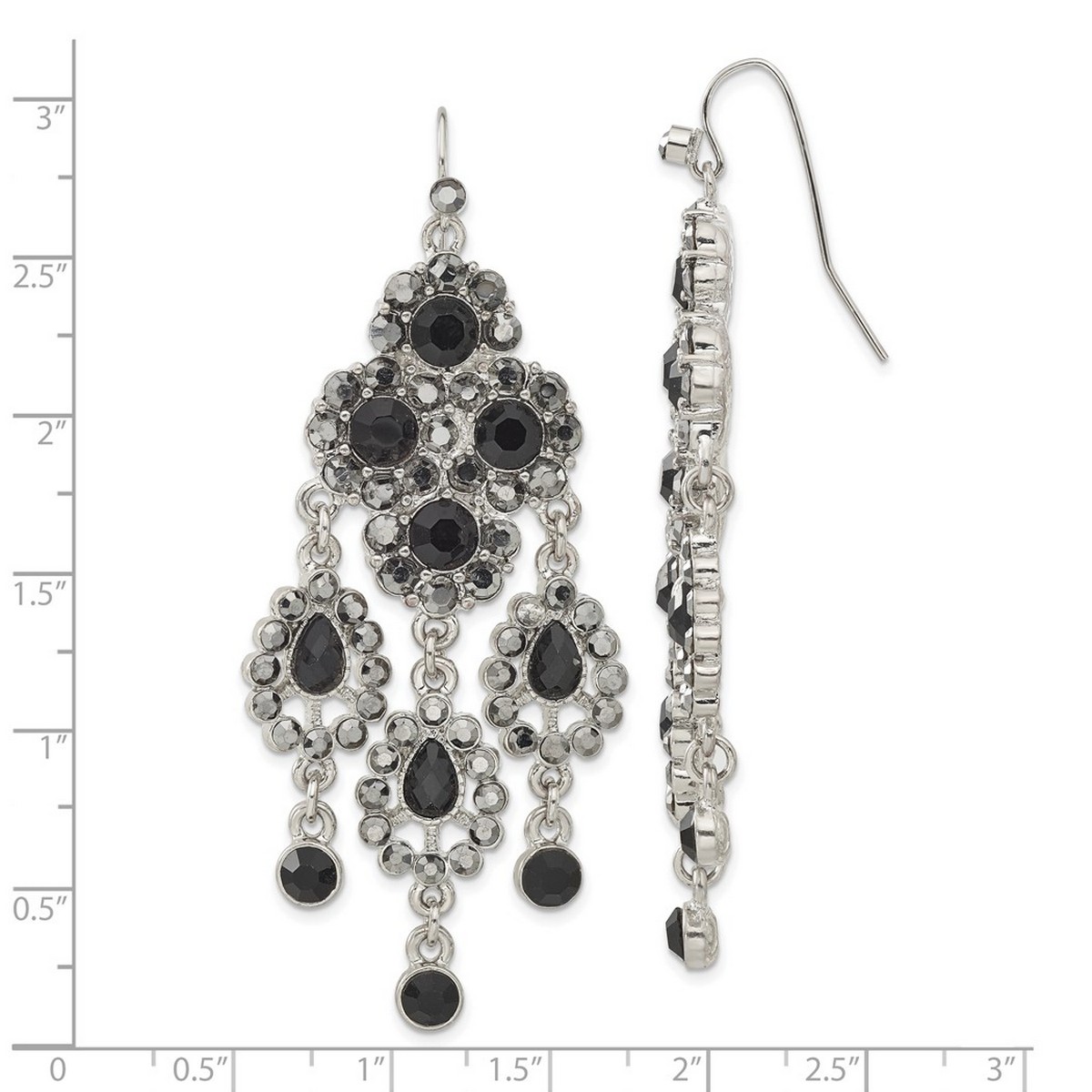 Silver-tone Shepherd hook Black Glass Stones Chandelier Earrings 73x24mm Wide Stud Earring for Women