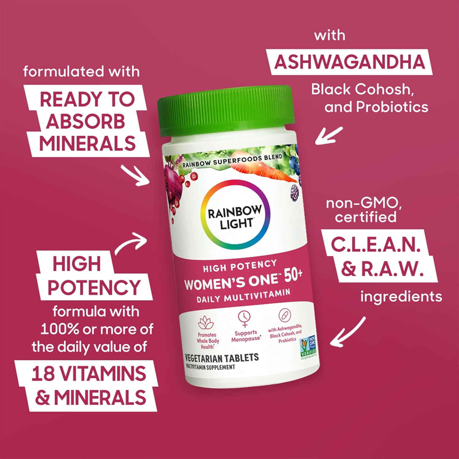 Women's One 50+ Multivitamin | with Probiotics | 90 Vegetarian Caplets | by Rainbow Light