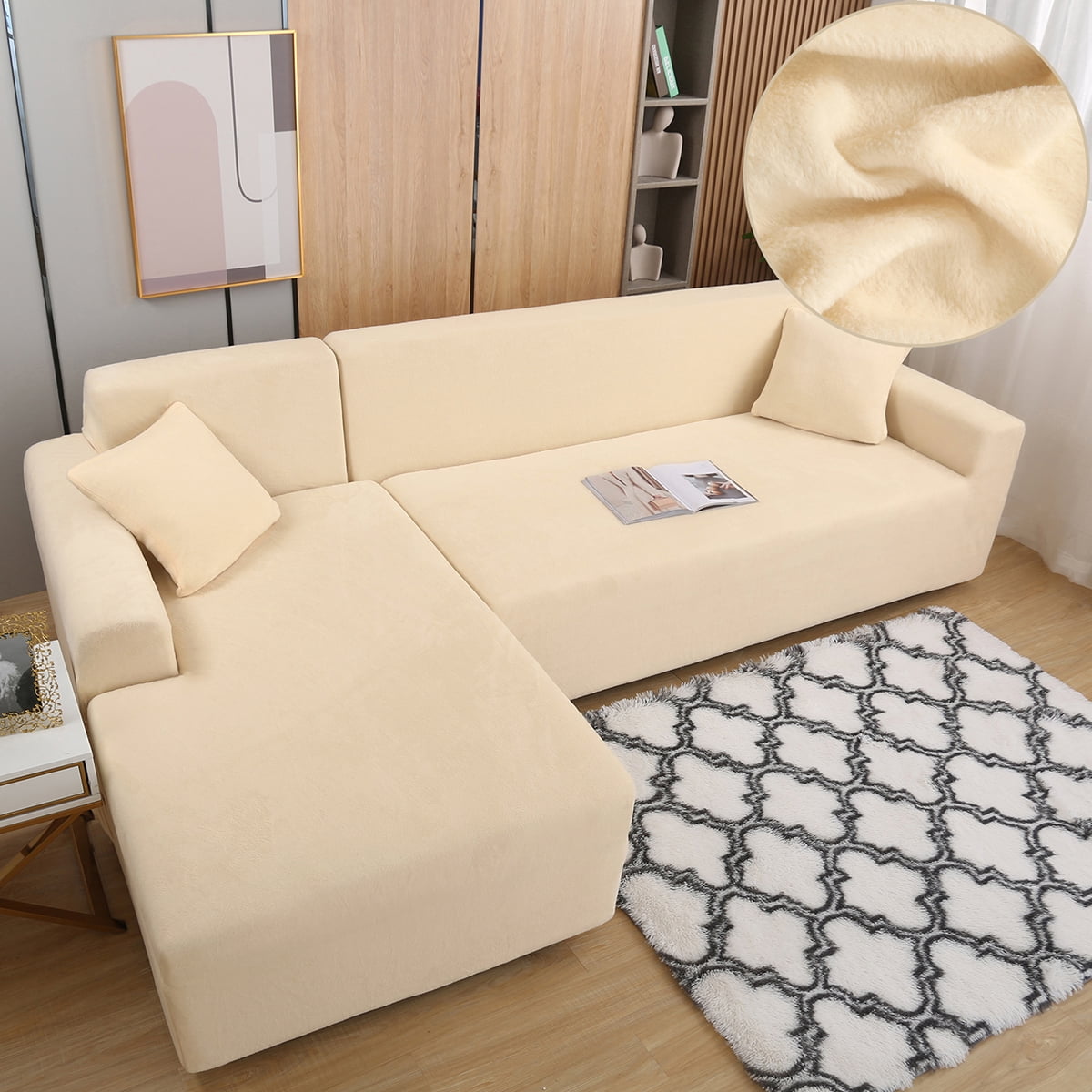 Eurhowing Sectional Couch Covers L-Shaped Sofa Covers, Velvet Super Stretch 2Pcs Sofa Slipcovers for 3 + 3 Seaters, Softness Corner Couch Cover, Beige